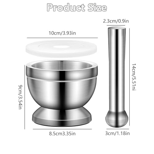 Mörser mit Stößel - 304 Edelstahl Mörser und Stößel mit PE-Deckel, Ø 10 cm - mörser mit stößel klein zum Mahlen von Gewürzen, Kräutern, Knoblauch, Nüssen - Auch als Tablettenmörser, Mörser Tabletten