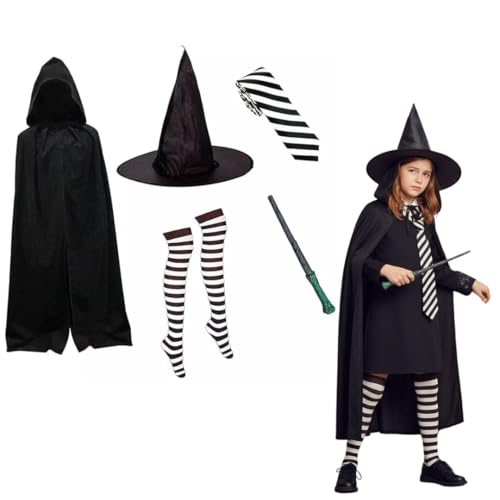 Mildred Hubble Witch Costume Set 5-Piece Halloween Fancy Dress Outfit for Kids & Adults with Hat Cape Wand Striped Tie & Stockings