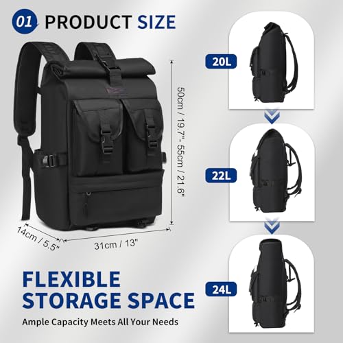 Roll-top Backpack for Men Women, Waterproof Laptop Backpack 15.6" with Quick Access Zipper, Expandable Roll Top Commute Bag for Travel Work College3