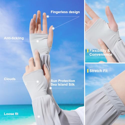 Image of PALAY Summer Arm Sleeves Extra Long Arm Sleeve with Hand Protection Nylon Cool Silk UPF 50+ Sun Protection Arm Sleeve Breathable Summer Arm Sleeves for Driving, Cycling, Gardening