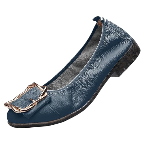 ANUFER Mujeres Piel Genuina Bailarinas Moda Hebilla de Metal Suave Plano Bombas Zapatos Azul Marino SN070535 EU40