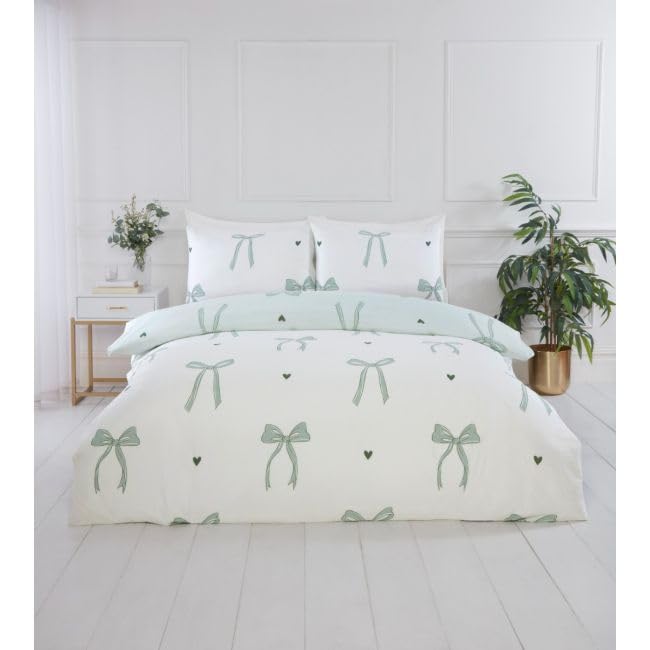 Bows Ribbon Pink or Green Duvet Cover Bedding set with pillowcases, in Single, Double and King size, Reversible (Green, Single)