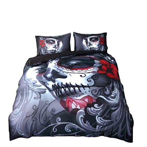 TieNew Juego de Cama de con diseño de Calavera Esqueleto de Halloween con impresión 3D,Juegos de Edredones de 3 Piezas Diseño de Calavera de Terror Gótico Negro Funda Nórdica Ropa de Cama(220x240cm)