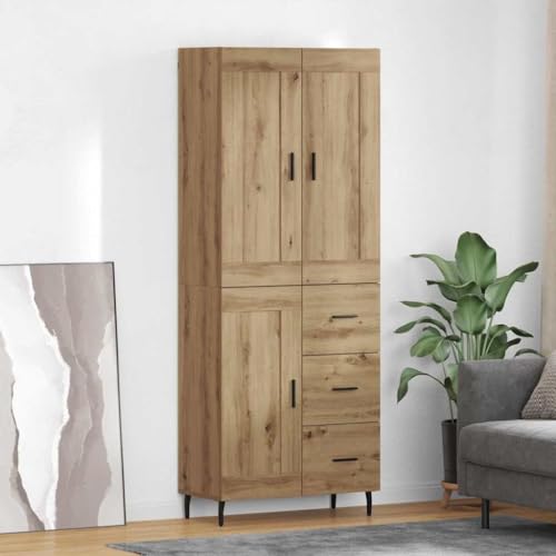 Bucmath Highboard 2 piezas, roble Artisan, madera y cristal, 69,5 x 34 x 180 cm, moderno armario alto con cajón, para salón, comedor
