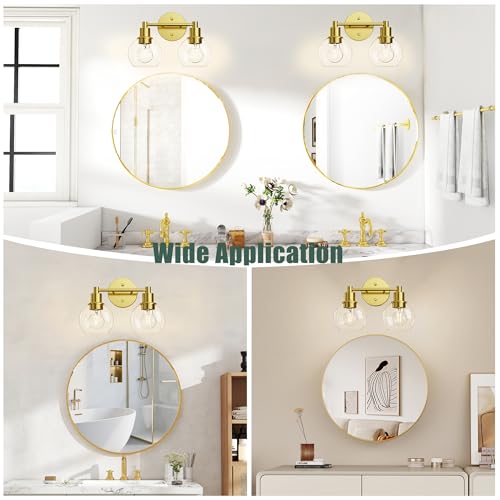 Image of 2 Light Bathroom Light Fixtures, Brushed Brass Bathroom Vanity Lights, Modern Vanity Lights 2-Light Globe Bathroom Vanity Lighting Fixture Over Mirror