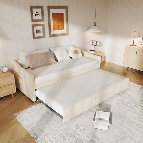 Cama acolchada 3 en 1, sofá cama, 90/180 x 200 cm, sofá cama extensible, cama funcional, cama extensible, cama de día con somier, para dormitorio, salón, franela (crema, 90/180 x 200 cm)