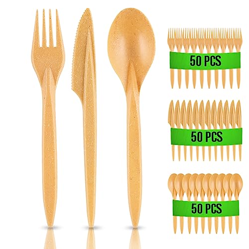 Rago® Kit Couvert en WPC Réutilisables 150 pcs PREMIUM Ensemble de camping Outdoor Couverts de fête réutilisables en bois Alternative aux couverts en...