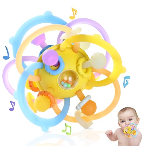 Image of Baby Sensory Teething Toys, Baby Montessori Teether Toys for 0 3 6 9 12 18 Months, Silicone Tummy Time Toy with Rattle Ball for Newborn Infant, Learning Delopmental Gift for Boys Girls, Yellow