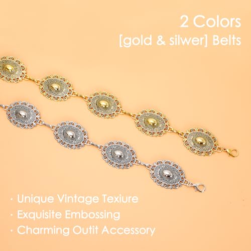 2 Pcs Western Cowgirl Belt for Women, Gold & Silver Concho Chain Belt - Boho Waist Chain for Dresses, Jeans, Concerts, Country Fashion Accessories4