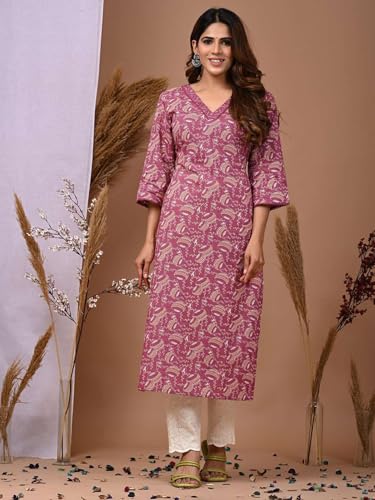 Image of Rimeline Women's Cotton Printed Kurta with Embroidered V-Neck Detail | Straight Fit Ethnic Wear for Casual, Office & Daily Use