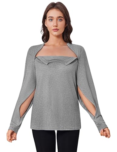 Deyeek Port Shirts for Women Chemo Patients Chemotherapy Must Haves Tear Away Side Zippers Long Sleeve Cancer Shirts Light Gray
