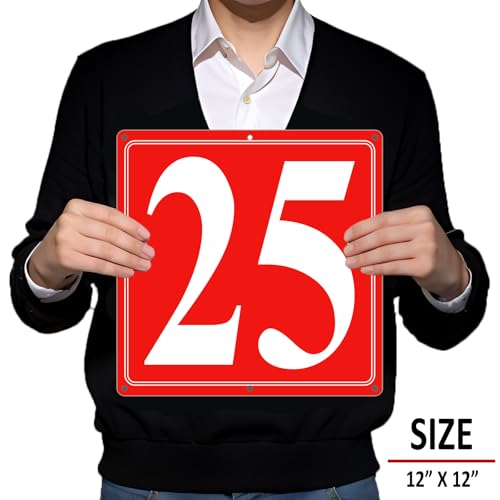 Image of Premium Aluminum Number Signs 25, Metal 12 inch X 12 inch Red Numbered Signs Outdoor for Parking Lots, Floor, Dock, Court, Aisle, Field, High Visibility, No Fade, Weather-resistant