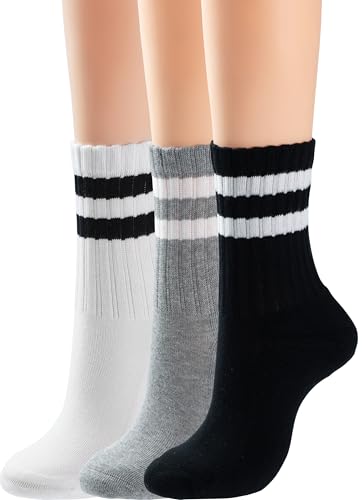 BomKinta Womens Striped Crew Socks - Retro Above Ankle Cotton Sock - Casual Cozy Athletic Style Socks Gifts for Women Size 5-10 3 Pairs Black White Grey