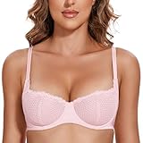 Wingslove Women's Sexy Lace Bra Mesh Balconette See Through Bralette Half Cup Sheer Bras Unlined Underwire Suppport (Light Pink,34D)