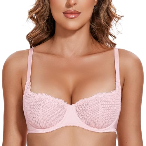 Image of Wingslove Women's Sexy Lace Bra Mesh Balconette See Through Bralette Half Cup Sheer Bras Unlined Underwire Suppport