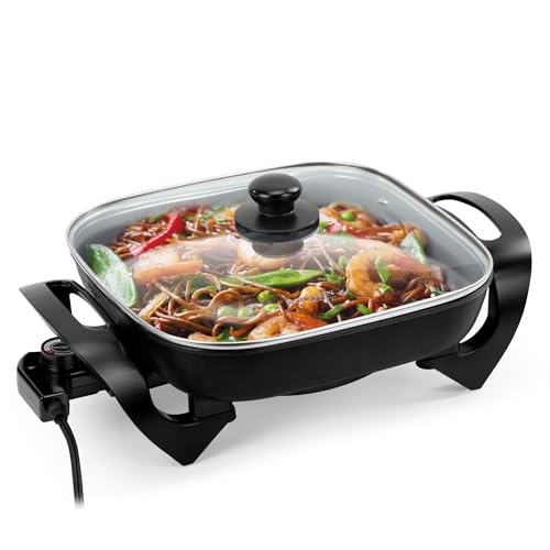 Holstein Housewares 12-Inch Electric Skillet - 1400W Electric Pan with Adjustable Temperature Control, PFOA-Free Non-Stick Coating, Cool-Touch Handles, Multi-Function Cooker, Black
