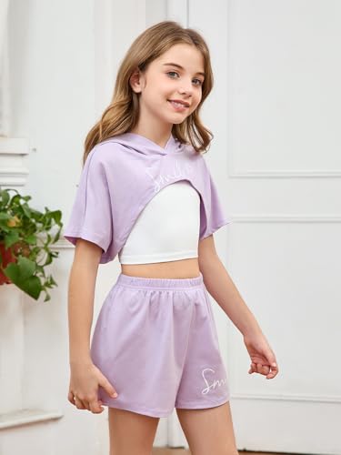 Image of SweatyRocks Girl's 3 Piece Outfits Letter Print Short Sleeve Hooded Tops and Cami Tops with Shorts Set