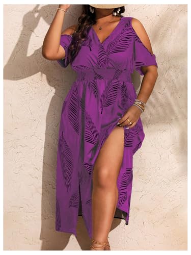 Image of Floerns Women's Plus Size Cold Shoulder Tropical Print V Neck Flared A Line Long Dress