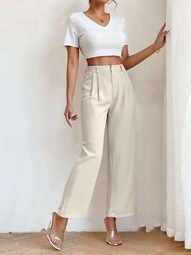Image of KATECLO Women's Wide Leg Pants | Beige Polyester Trousers | Stylish Korean Clothing | Flared, Straight Fit, Baggy, and Loose Jeggings for Girls and Women