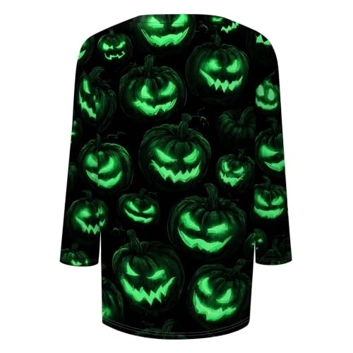 Image of Women Spooky Halloween Graphic Shirt 3 /4 Length Sleeve Crewneck Top | Halloween Funny Printed Pumpkin Plus Size Tshirts 2026 Fall Outfits Skeleton Tee Going Out Tops