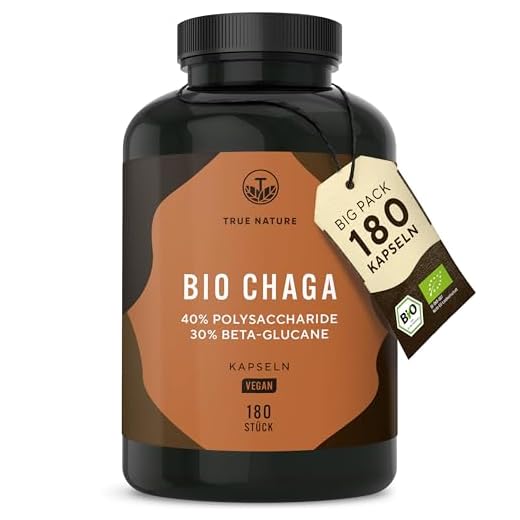 BIO Chaga Pilz Extrakt - 180 Kapseln - 12.000mg Extrakt (10:1) - 40% Polysaccharide - 30% Beta Glucane - Schiefer Schillerporling Pulver - Vegan, Deutsche Produktion - TRUE NATURE®