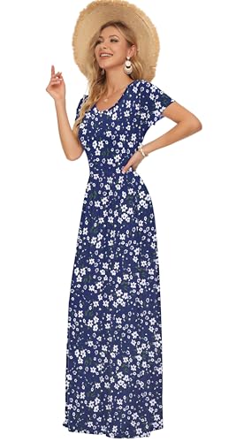 Image of AUSELILY Women's Summer Short Sleeve Loose Plain Casual Long Maxi Dresses | Year Round wear solid floral print, Casual wear, Empire waist, Floor length, Side pockets