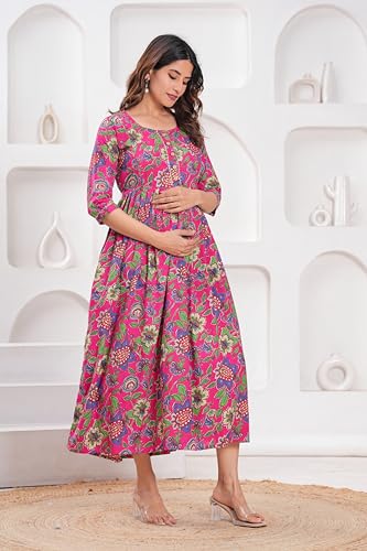 Image of Women's Feeding Kurta Cotton | Floral Anarkali Pregnancy Kurta with Nursing Zipper | Pre & Post Partum | Maternity Dresses | Mom to Be Gift