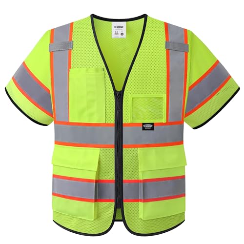 JKSafey Class 3 Safety Vest for Men Women Sleeved Hi Vis Vest with Pockets and Zipper High Visibility Reflective Vests Meet ANSI Standard Yellow Color Extended Orange Strips (BX320A-Yellow L) 1 Piece