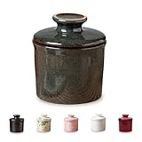 Teapeak Pottery Butter Keeper Crock - Ceramic Butter Dish with Water Line for Countertop, Keep Butter Fresh (Greenish Brown)