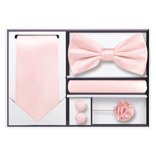 TIE G 5pcs Tie Set in Gift Box : Solid Color Necktie, Satin Bow Tie, Pocket Square, Lapel, Cuff Links (Blush Pink)
