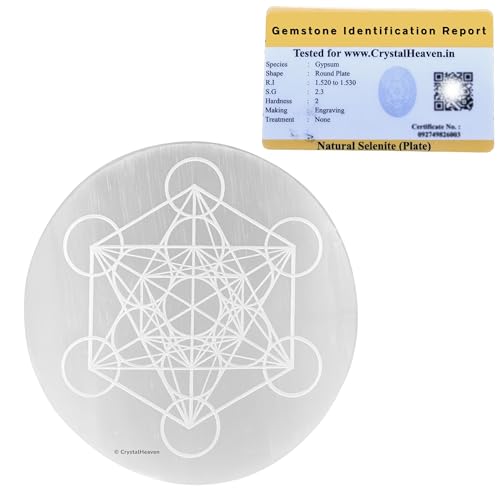 Image of Crystal Heaven Certified Selenite Charging Plate,4 Inch Engraved Metatron Cube Selenite Plate For Crystal Cleansing Re-Energy Work,Meditation And Pooja