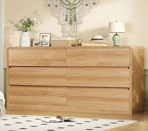 Image of TEENFON 55" Dresser for Bedroom with 6 Drawers, Dressers & Chests of Drawers with Curved Profile Design, 6 Drawer Dresser, Bedroom Dressers, Wood Dressers for Bedroom, Hallway, Natural