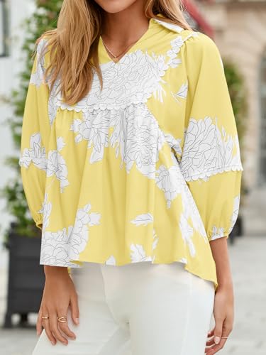 Tankaneo Womens Floral Peplum Babydoll Tops 3/4 Puff Sleeve Pleated Blouse Cute Casual V Neck Loose Fit Flowy Boho Shirts Yellow — view 2