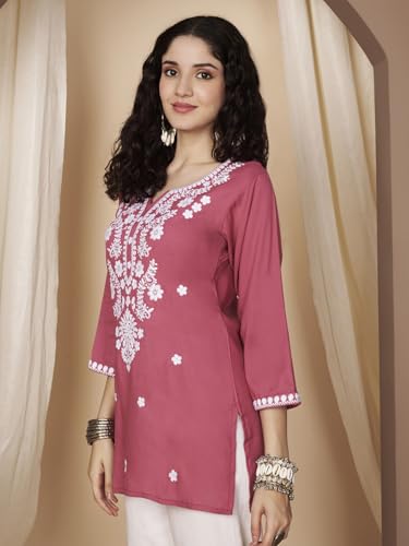 Image of Short Kurti for Women for Jeans, Chikankari Kurtis for Ladies, Lakhnavi V- Neck Women's Tunic Design Kurta, Floral Kurtas & Tunics for Woman