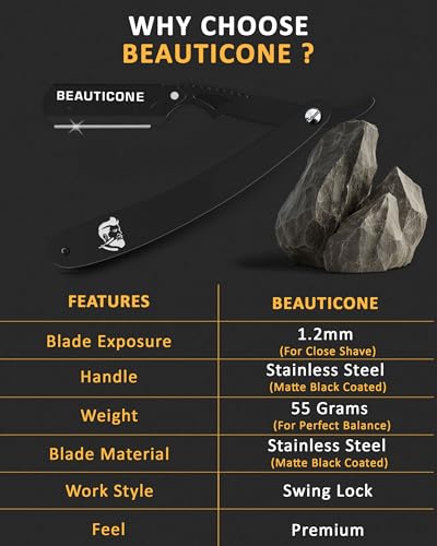 Image of BEAUTICONE Straight Razors for Men, Straight Edge Razor, Single Edge Replacement Blades, Stainless Steel, Barber Razor for Men's Shaving, Barber Shaving Knife (Premium All Black)