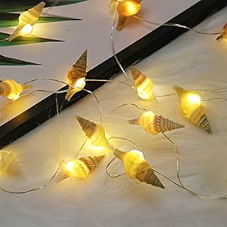 GUOCHENG Natural Conch Copper String Lights 20LEDs Battery Powered Real Beach Conchs Copper Wire Beach Theme Fairy Lights with Timer for Fish Net Mermaid Party Decoration (White Conch)