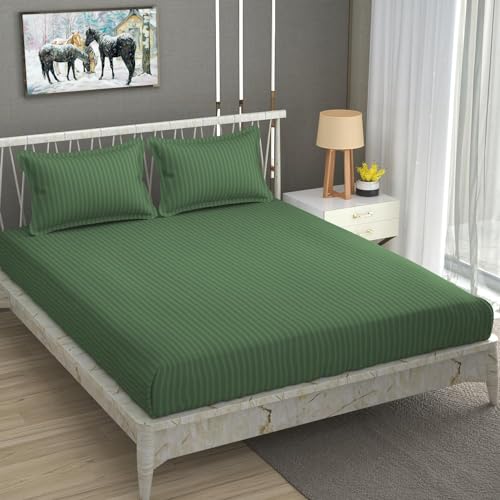 Image of Blue Strip Polycotton Bedsheet, Double 90x100 (Green) | Hotel Quality | Soft, Breathable & Colourfast | Wrinkle Resistant | Machine Washable | Pillow Covers Included