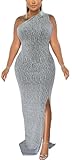 DinyIn Evening Gowns for Women Silver Formal Sleeveless Sparkly Party Dresses Elegant Sexy Plus Size Cocktail Dress,Large