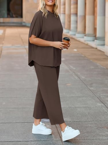 Image of Beautife Women's Plus Size 2 Piece Outfits 3 /4 Batwing Sleeve Capelet Crew Neck Pullover Top Wide Leg Pants Lounge Set