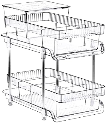 2 Tier Clear Pull Out Organizers and Storage - Snack Organization for Pantry w Lids/Dividers, Slide-Out Under Sink Organizer for Bathroom and Kitchen, Cabinet/Countertop Acrylic Drawers Medicine Bins