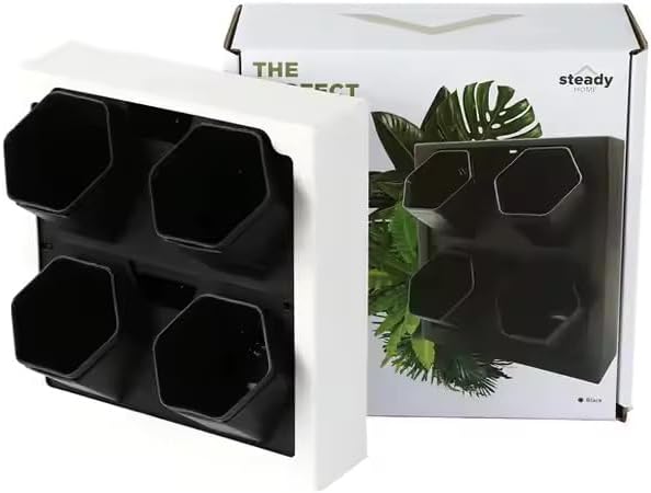 Hexagonal Wall Planter, White Frame with 4 Black Cells, Modern Indoor Vertical Garden System (Modern Live Frame_White)
