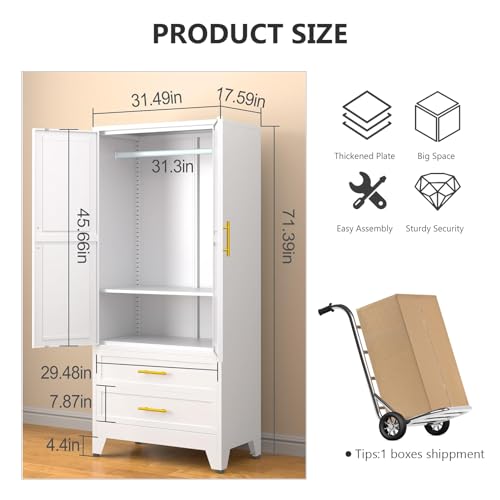 71-Armoire-Wardrobe-Closet-with-2-Doors-2-Drawers-Metal-Storage-Cabinet-with-Drawers-and-Hanging-Rod-Metal-Closet-Organizers-for-Home-OfficeGymWhite 71 Armoire Wardrobe Closet with 2 Doors 2 Drawers Metal Storage Cabinet with Drawers and Hanging Rod Metal Closet Organizers for Home OfficeGymWhite