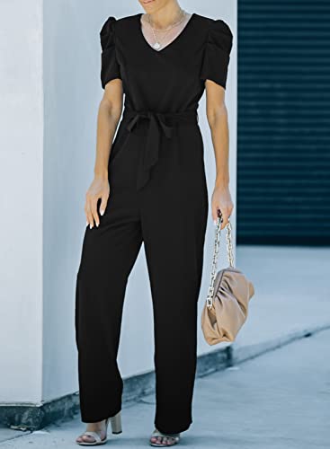Addkaka Womens Short Sleeve Jumpsuits V Neck High Waist Belted Wide Leg Rompers Formal Jumpsuits Black X-Large #TOP4