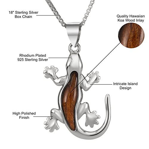 925 Sterling Silver Koa Wood Gecko Pendant with 18" Box Chain, Nickel Free Hypoallergenic for Sensitive Skin, Hawaii Island Jewelry, Gift Box Included4