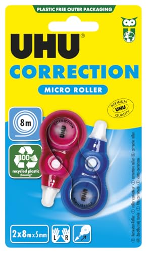 UHU Correction Micro Roller, 2 praktische und handliche Korrekturroller, Die in jedes Mäppchen passen, 8 m x 5 mm