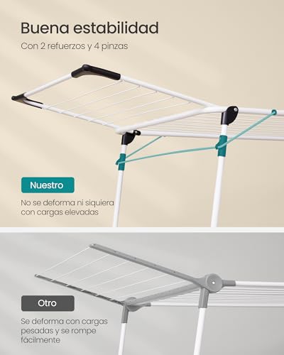 Miniatura 4 de Songmics Tendedero De Pie, 56,5 X 173 X 96,5 Cm, Tendedero De Alas Para Ahorrar Espacio, Con Soporte Para Calcetines, Metal, Para Ropa, Toallas, Lavandería, Blanco Llr518w01