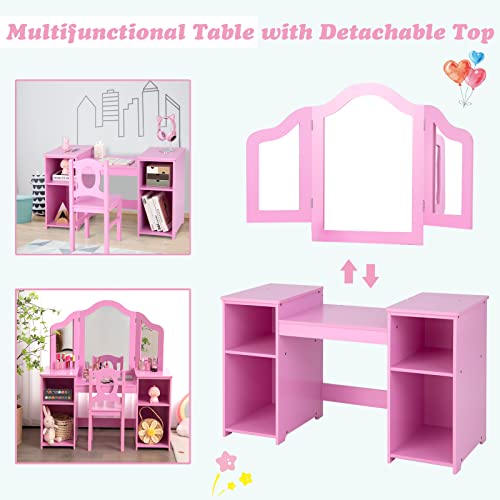 Infans Kids Vanity, 2 In 1 Princess Makeup Desk & Chair Set With Tri-Folding Detachable Mirror, Large Storage Shelves, Wooden Dressing Table,Pretend Play Vanity Set For Girls #TOP3