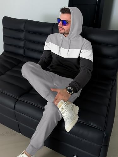 JMIERR Men's Hoodie Tracksuit 2 Pieces Set Novelty Color Block Pullover Fleece Hoodies Long Sleeve Casual Sweatshirt3