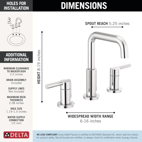 Image of Delta Nicoli Chrome Faucet 3 Hole, 8 Inch Widespread Bathroom Sink Faucet for Vanity, Push-Pop Drain Assembly, Chrome 35849LF
