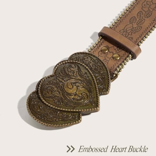 Women Western Belt with Heart Buckle Vintage Brown Belts for Jeans Pant Dress Cowgirl Cowboy Belt3